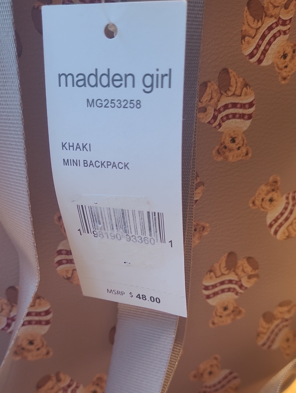 Madden Girl Mauve Teddy Print Khaki Mini Backpack with Coin Pouch - Picture 9 of 9